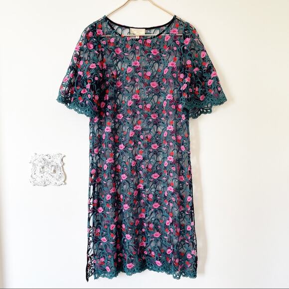 Anthropologie Moulinette Soeurs Black Pink Embroidered Floral Mesh Tunic S - Picture 5 of 10